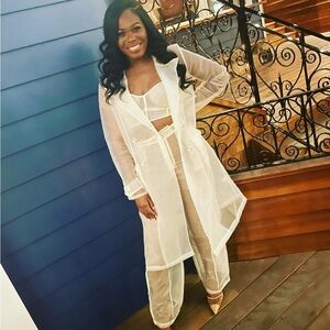 Chic Sheer White Trench Coat and Pants Set